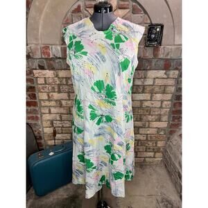 shift dress mod 1960's abstract floral metal zipper green pink yellow